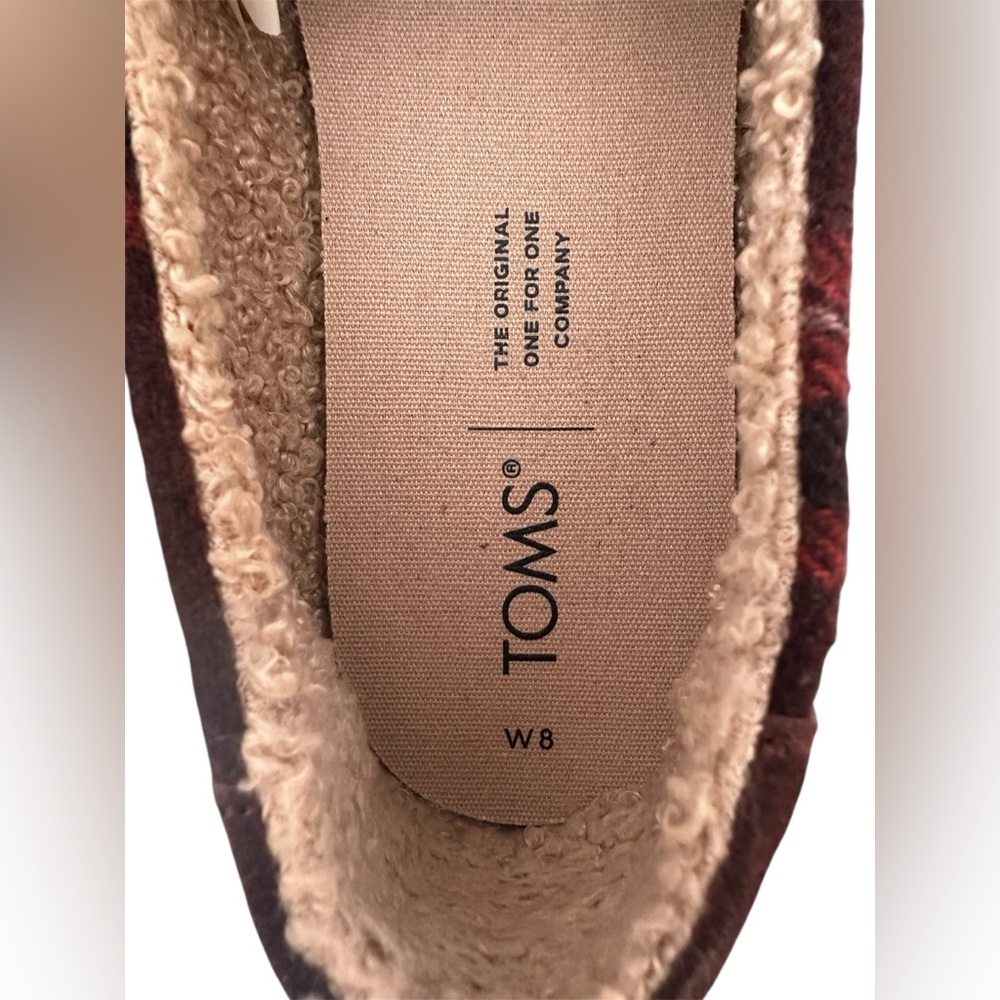 Toms cozy Alpargata Red Black Plaid Flannel Faux Shearling Slip Ons Flats Sz 8 - Picture 6 of 9